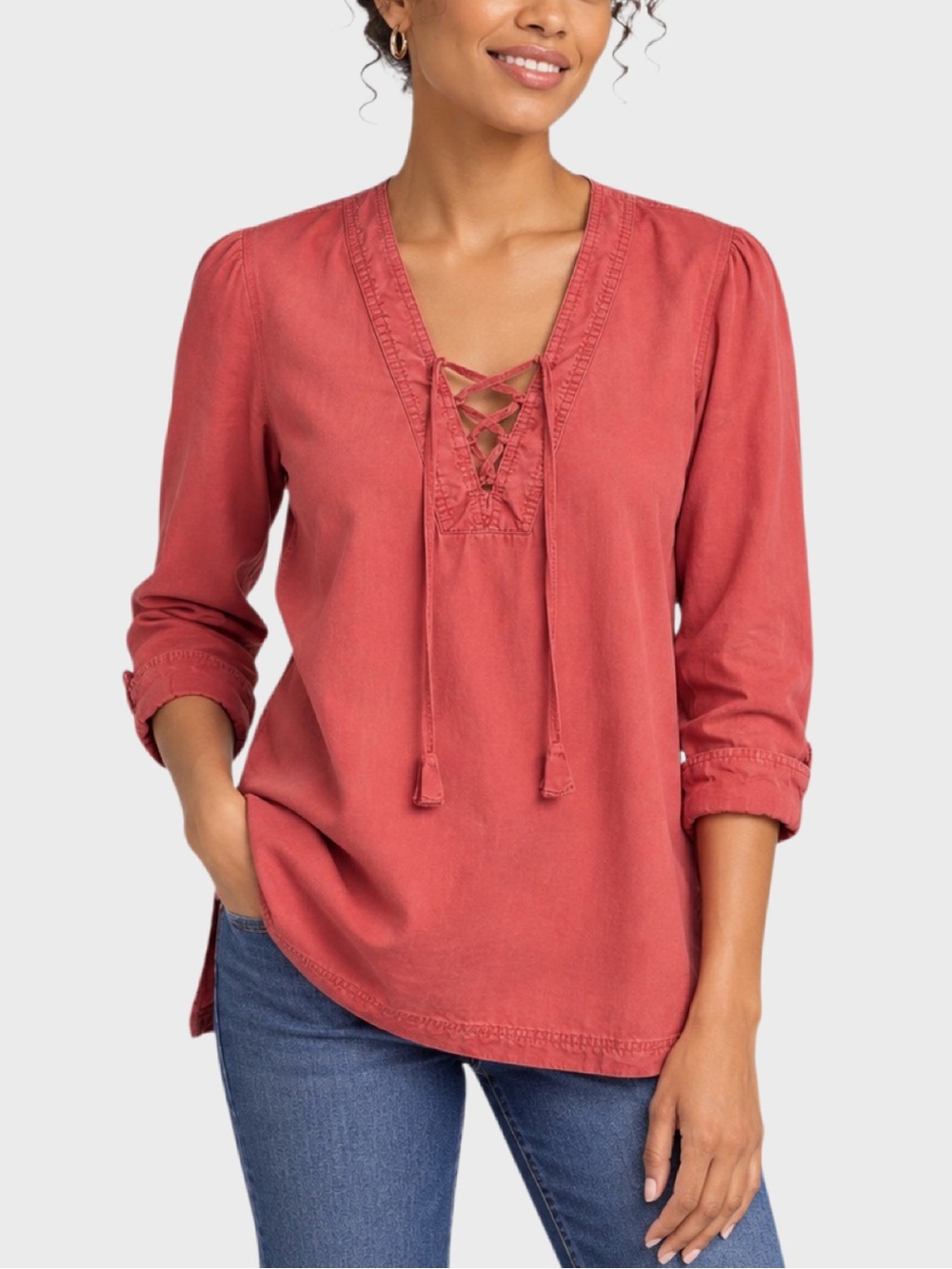 J. Jill Lace Up V-Neck Tencel Tunic Top Coral High Low Hem Medium